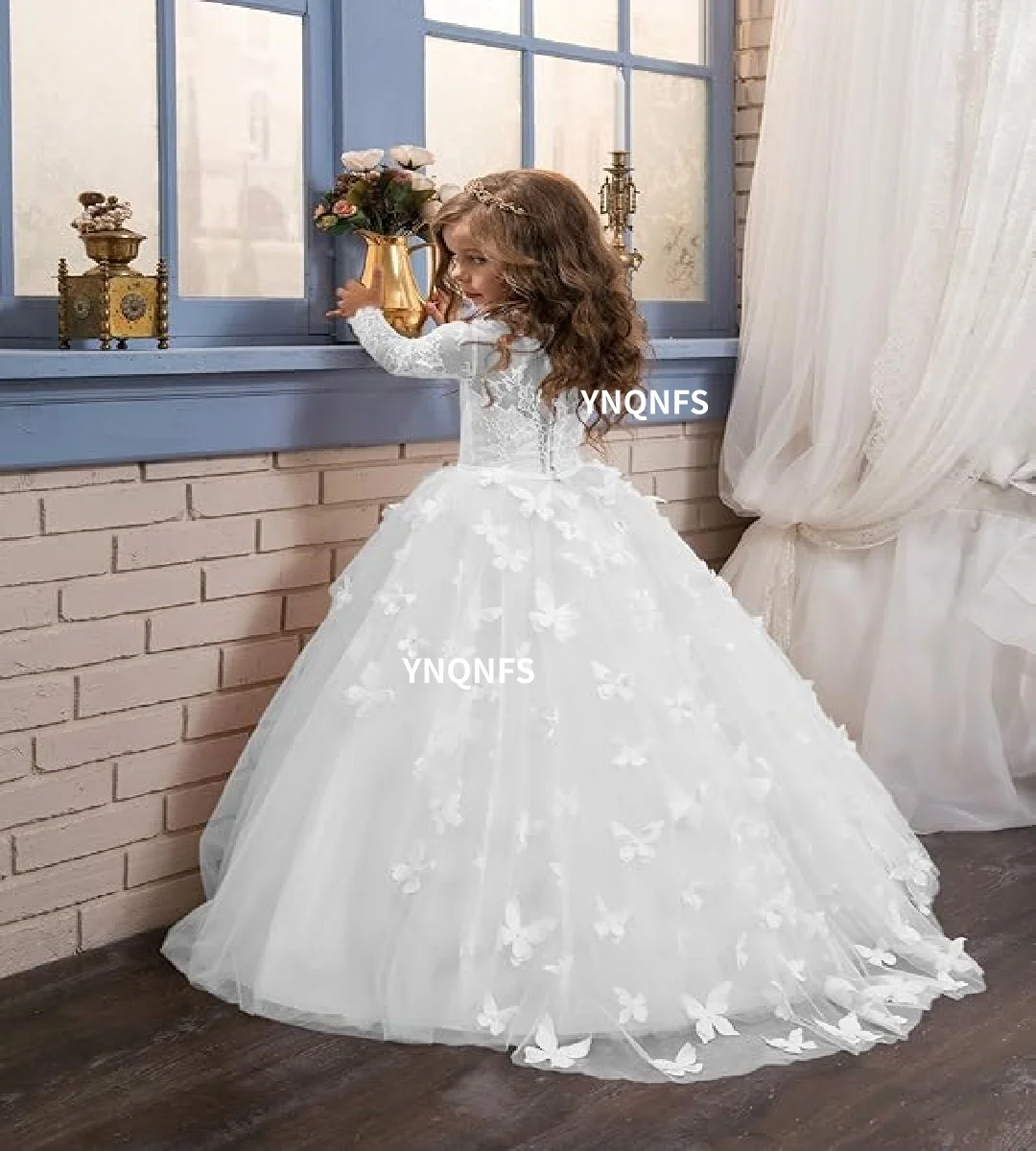 YNQNFS Bridal Wedding Flower Girl Dress Long Sleeve Lace Banquet Girl Dress Butterfly Decoration Multi Color Customization t03