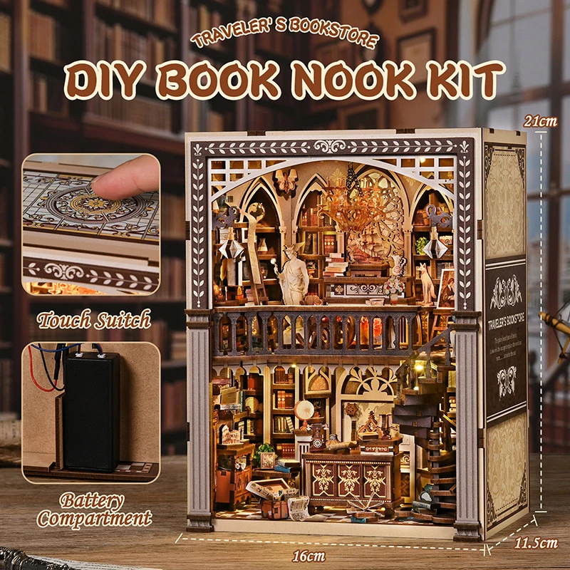 New 3D Bookend DIY Miniature House Kit, Traveler's Bookhouse, Wooden Hand‑assembled Micro‑Scene Model, Creative Handmade Gift