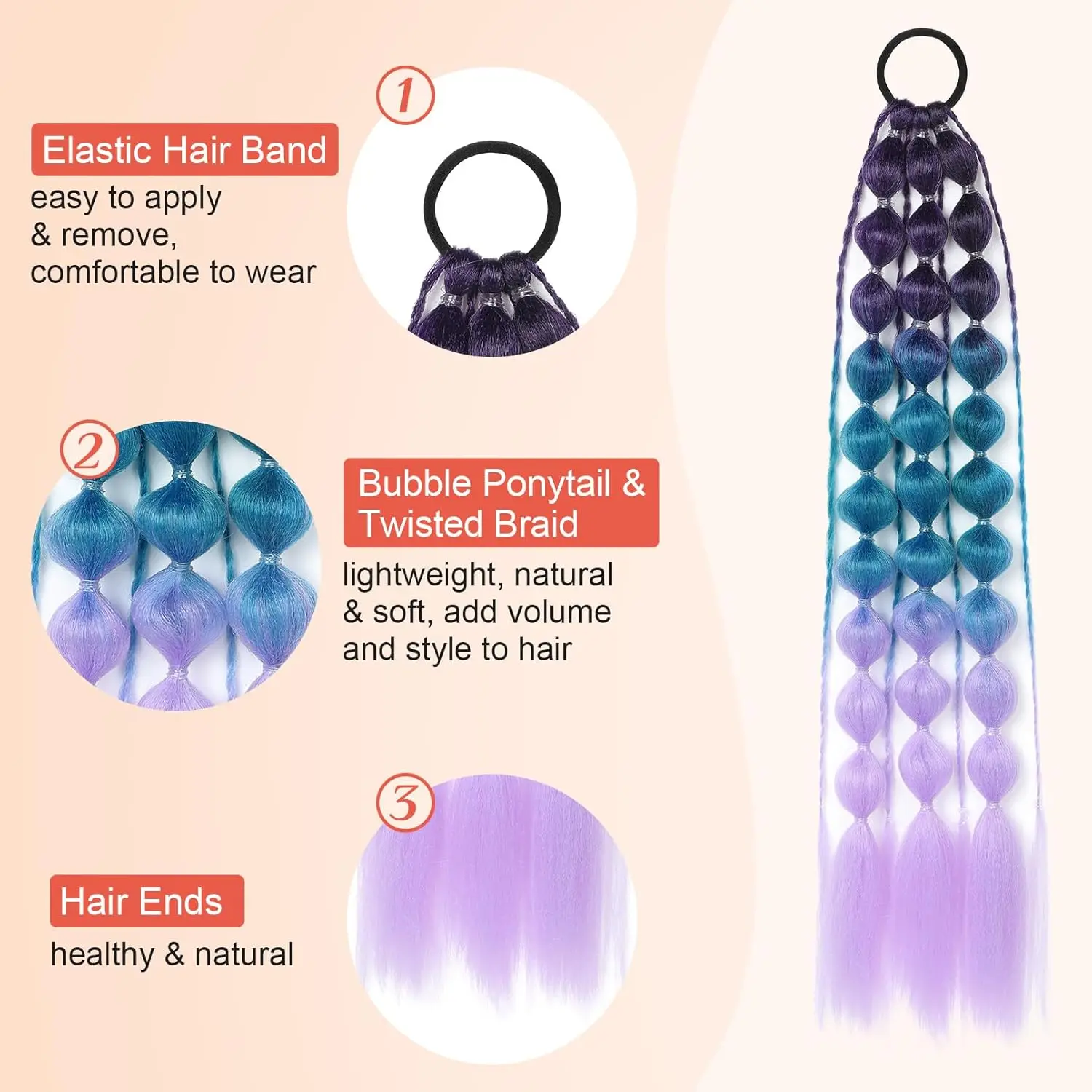 Behufun-Colored Ponytail Extensions for Kids, Lightweight Bubble Ponytail Extension with Hair Tie, Ombre, Crazy Day Accessories