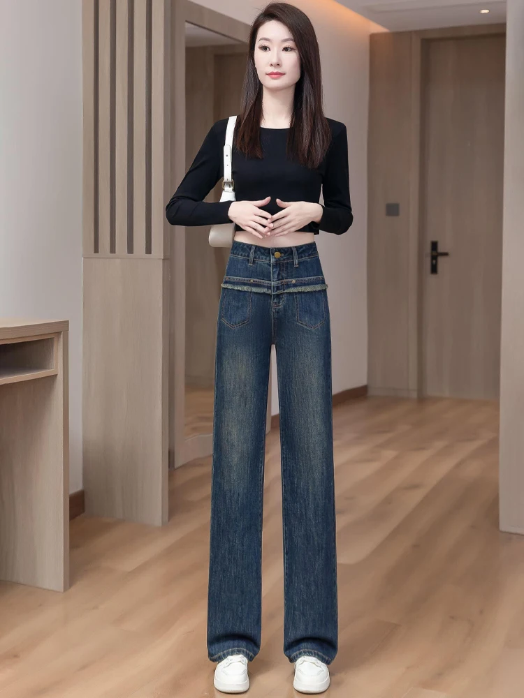 

Драпированные джинсовые брюки с высокой талией, женские осенние новые модные свободные широкие джинсы с кисточками, синие джинсы прямого кроя