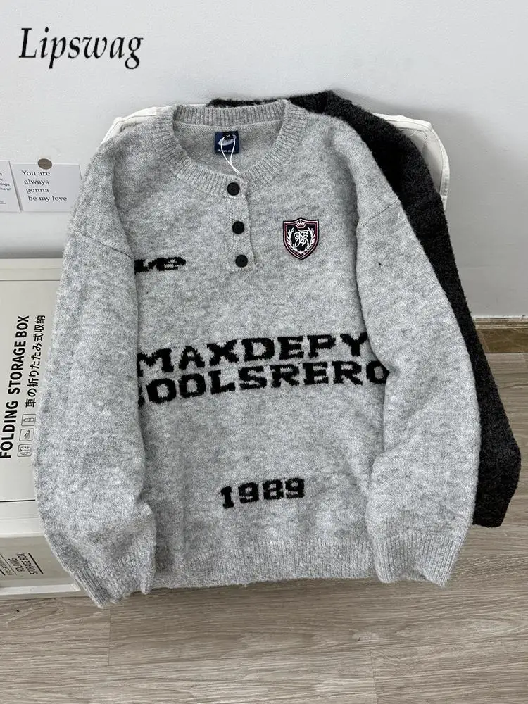 

Y2K мужские пуловеры топы вязаные свитера с длинными рукавами на пуговицах и круглым вырезом осень-зима уличный повседневный мужской вязаный свитер уличная одежда