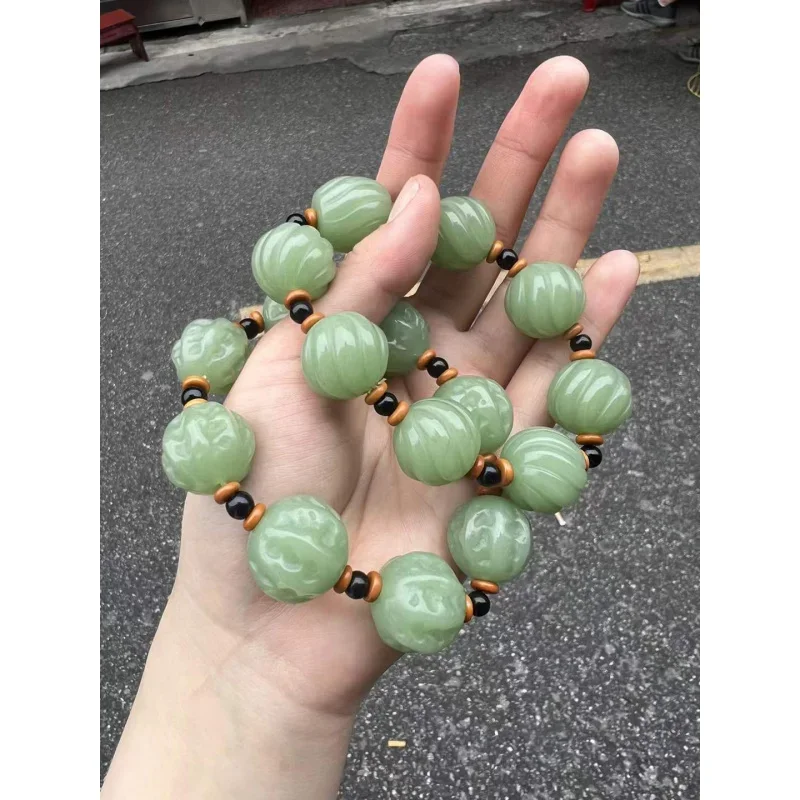 Light Blue Walnut Simple Pumpkin Bead Jade Bracelet Fashionable Versatile
