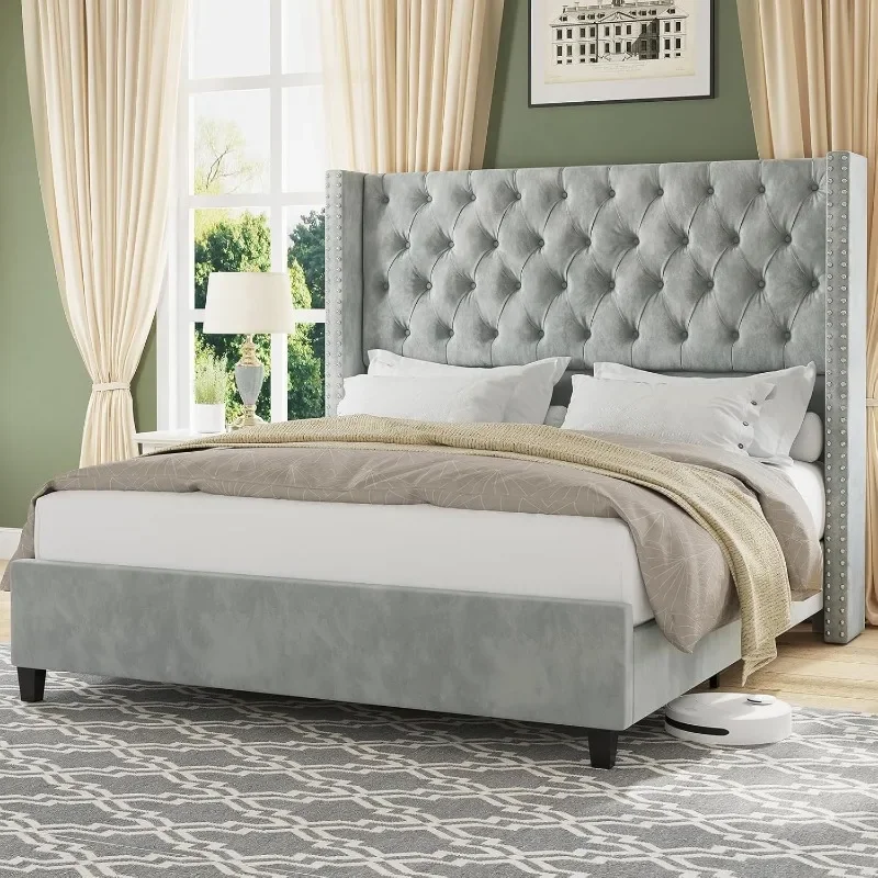 Jocisland King Size Bed Frame with 51.6” Wingback Tufted Velvet Headboard, Modern Upholstered Platform Bed, No Box Spring