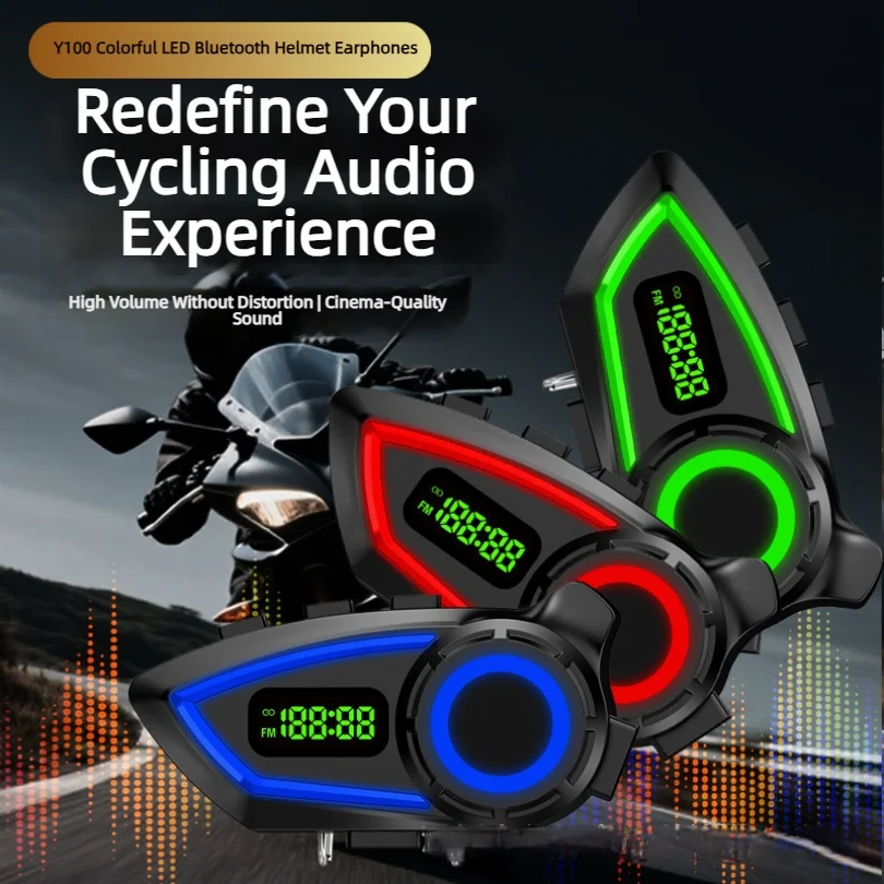 Motorcycle Helmet Headset Stereo Bluetooth 6.0 Hands Free Call IP65 Waterproof Earphone With FM Radio Tri-Color Ambient Light