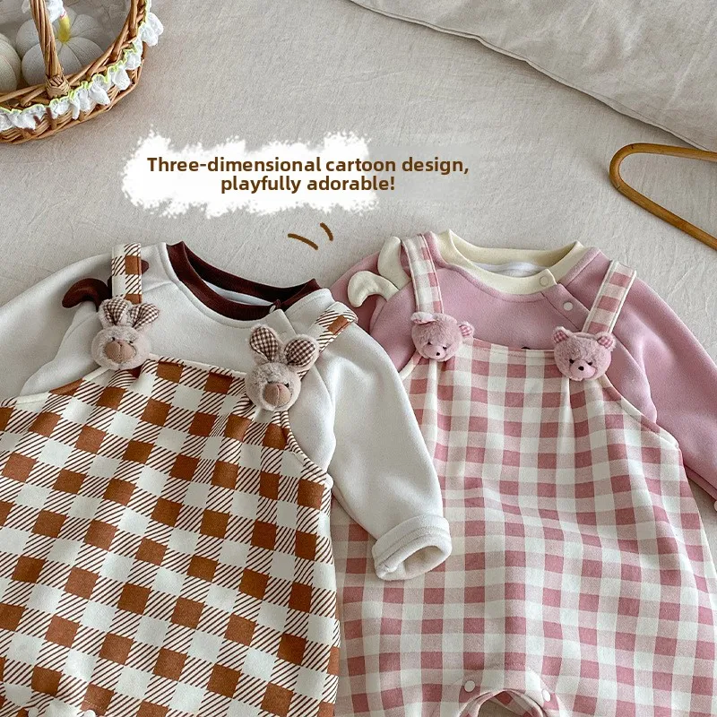 Baby Fleece Jumpsuit 2025 New Winter Baby Stylish Checkered Thick Jumpsuit, Children's Super Cute T-shirt