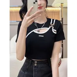 Summer White Openwork Short Sleeve T-shirt Female New Slim Short Top Summer 2023 High Waist Unique Special Large Size Top