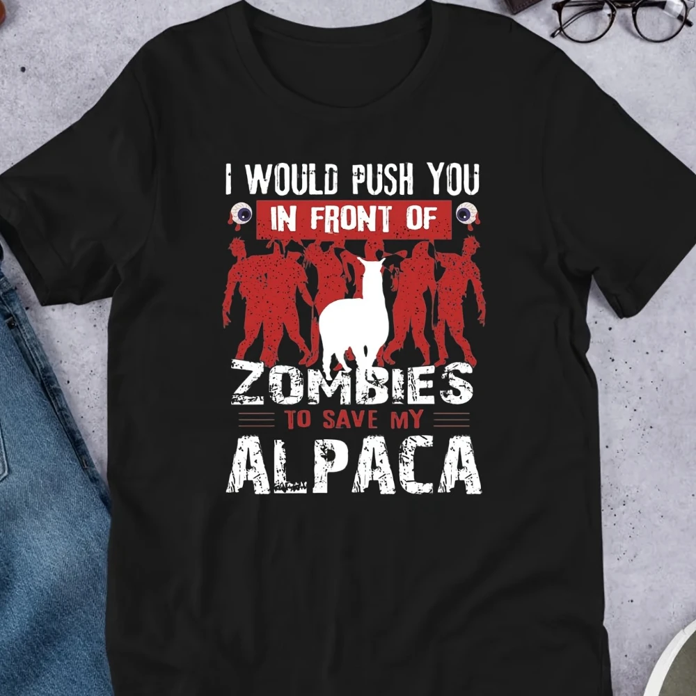 Top Picklocalmen'S Funny Zombie Alpaca Graphic T-Shirt I Would Push You in Front of Zombies To Save Men's T-shirts for Summer