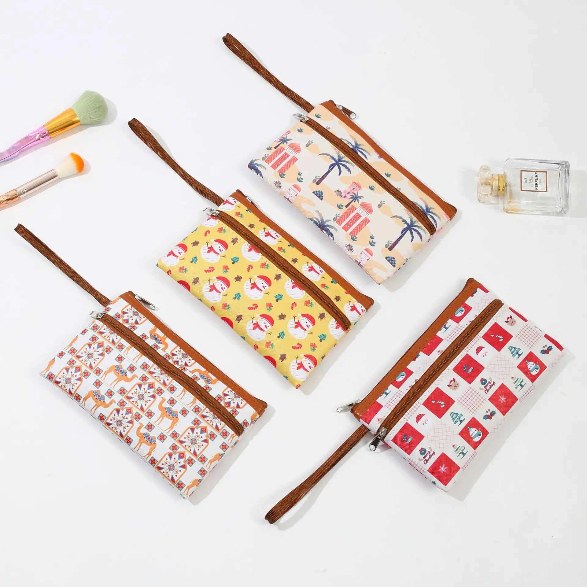 Christmas Print Double Zipper Wristlet Purse, Cartoon Snowman Pattern Canvas Cosmetic Bag, Portable Hand Strap Wallet, Travel Ma