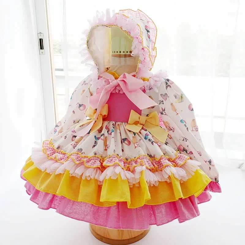 2025 New Born Baby Girl Lolita Princess Flower Dresses Children Ball Gown Spring Birthday Party with Hat Toddler Spain Costume