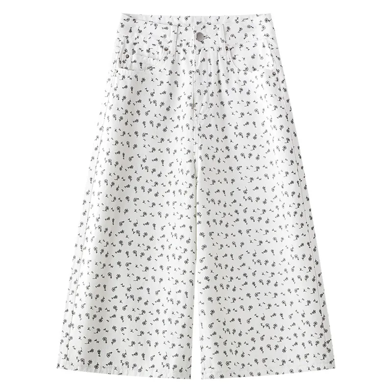 سراويل بيضاء مُزينة بنقشة الزهور للنساء، جينز صيفي متعدد الاستخدامات عالي الخصر للتخسيس كاجوال فضفاض بسبع نقاط #5