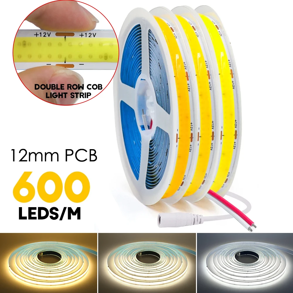 

COB LED Strip Light Double Row Super Bright 600 LEDs/m Flexible Tape Linear Dimmable RA90 12V 24V White/Warm White/Natural White