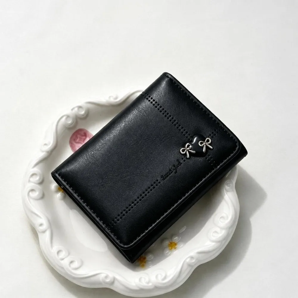 Fashion Large Capacity Love Bow Wallet Foldable Multi-card Slot Tri-fold Short Wallet PU Leather Compact Card Holder Daily Use