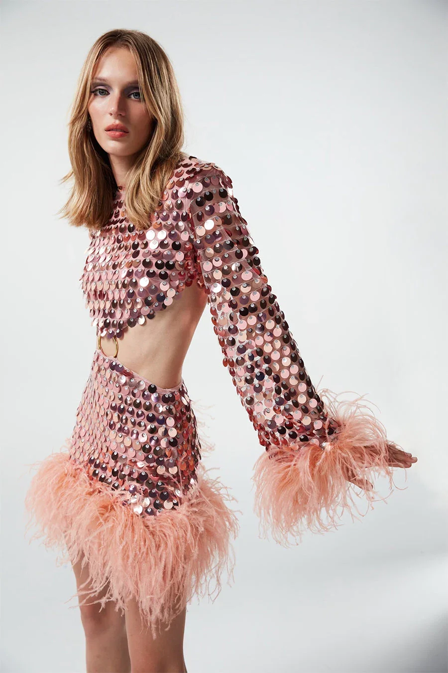 

Luxury Designer Women Rose Gold Long Sleeve Big Sequined Glitter Sparky Bodycon Cut Out Evening Club Party One Piece Mini Dress