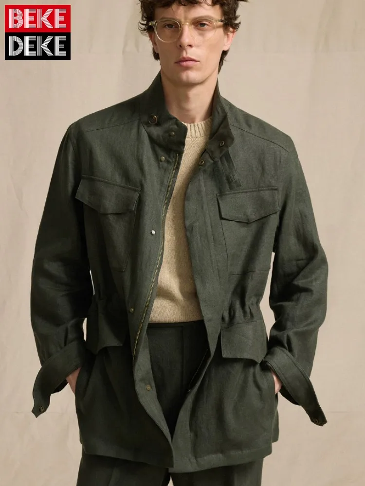 Men Spring Summer Breathable Linen Jacket Vintage Casual Stand Collar Solid Color Harajuku Outerwear Long Sleeve Cargo Coat Male