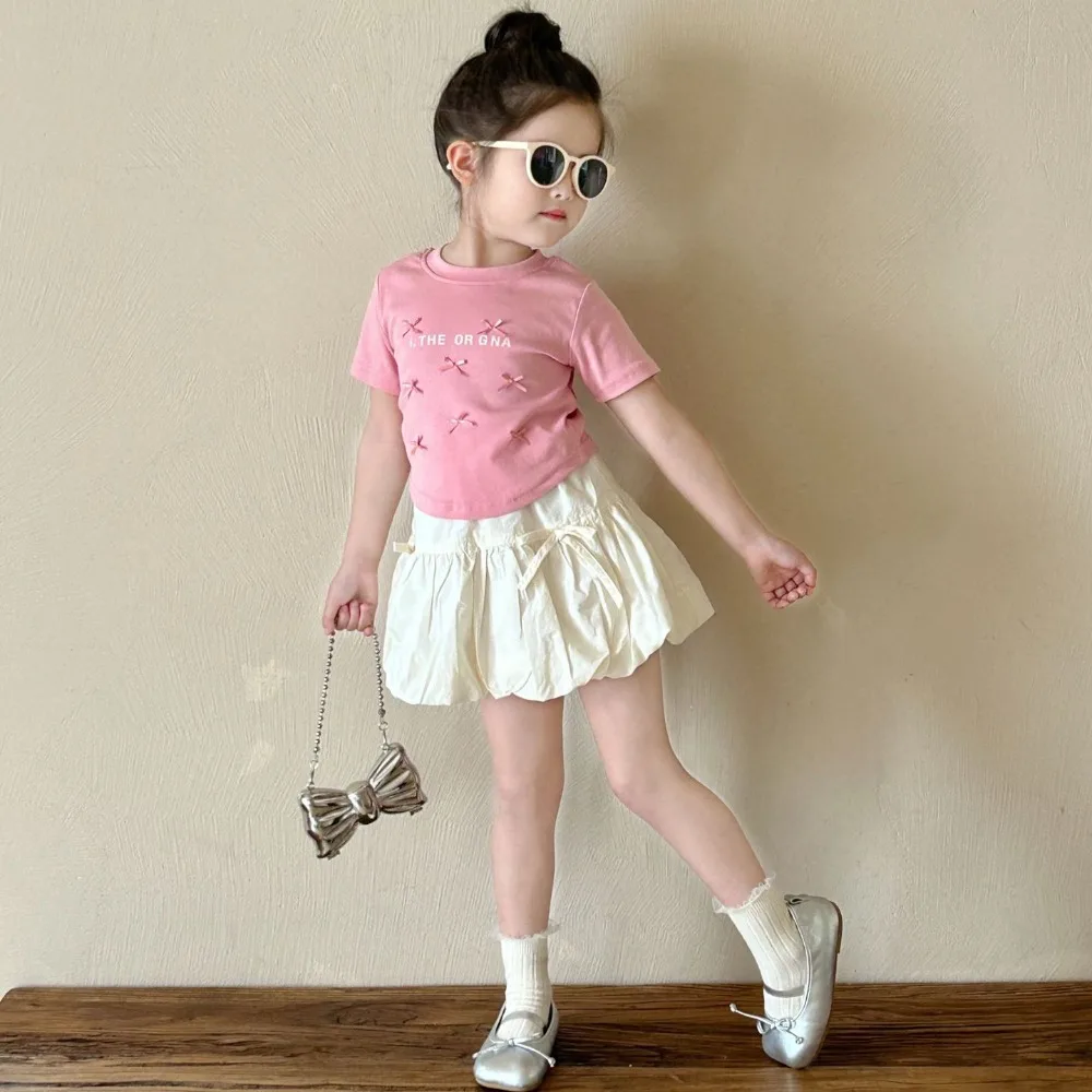 

Girls Short Sleeves Summer Korean Style 2024 Summer New Solid Color T Shirt Bow Princess Beautiful Summer Children Clothes