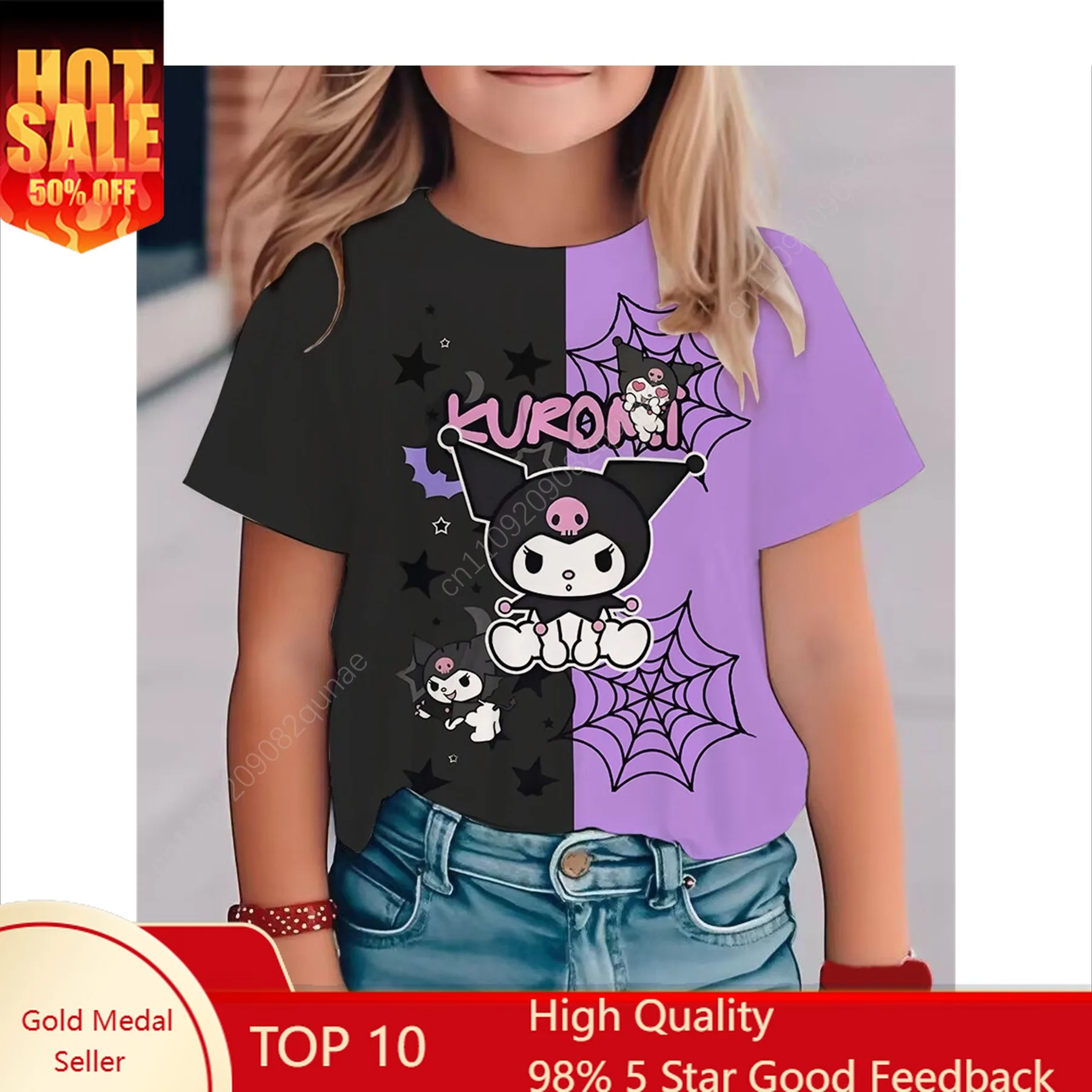 

Sanrio Summer Harajuku Style Fashion Crew Neck Short Sleeve T-shirt for Girls and Woman Tee with Creative Kuromi Element Print