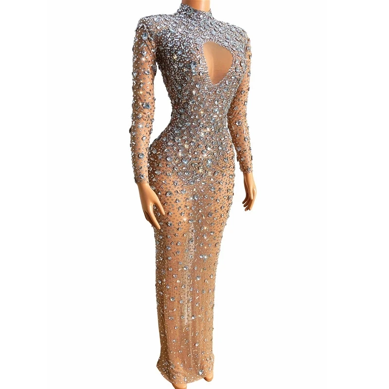 Silver Crystals Stones  Evening Birthday Celebrate Mesh Stretch Dance Long Sleeves Dress Sexy Transparent Long Dress