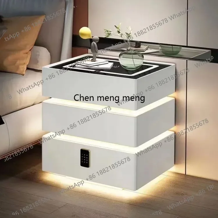 D182Minimalist White High Gloss Smart Bedside Table With Motion Sensor Light Luxury Bedroom Decor