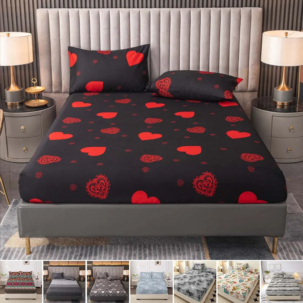 

3pcs Printed Plant Pattern Bed Sheet Pillowcase Set Elastic Band Around Mattress Wrinkle-Resistant Easy Care Juego De Sábanas