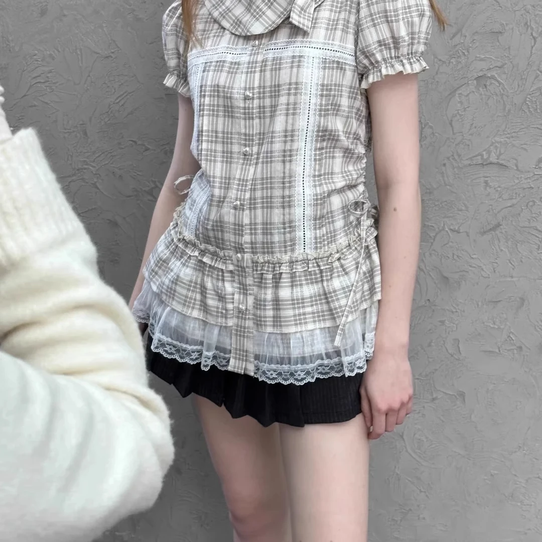 

Slim Fit Plaid irt Women's Summer Bubble Sve Doll Collar Lace Trimmed Japanese College Sle Faionable Casual irt