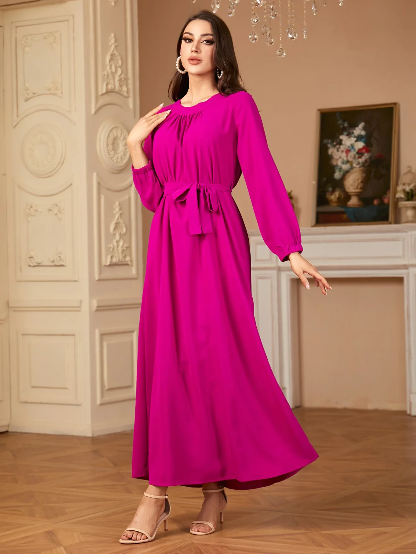 Vintage Sukienka Letnia Jednolity Kolor Szlafrok Damski Turcja Vestido Kaftan Kobiety Sznurowana Moda Dekolt O Długi Rękaw Muzułmańska Abaja Sukienka 2024