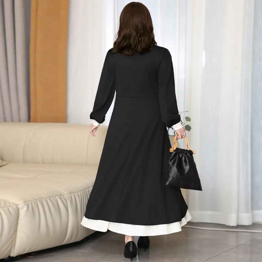 

Spring New plus Size Women's French Retro Color Contrast V-Neck Embroidery Dress with Belt 8603