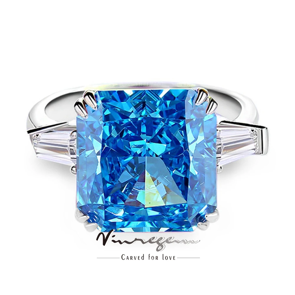 

Vinregem 12 MM Crushed Ice Cut Aquamarine Sapphire High Carbon Diamond Gemstone Ring 100% 925 Sterling Silver Engagement Jewelry