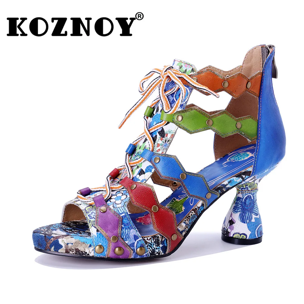 

Koznoy 7.5cm Weave Sheepskin Leather Woman Moccasin Ethnic Summer Chunky Heels Big Size Print Hollow Buckle Moccasins Shoes