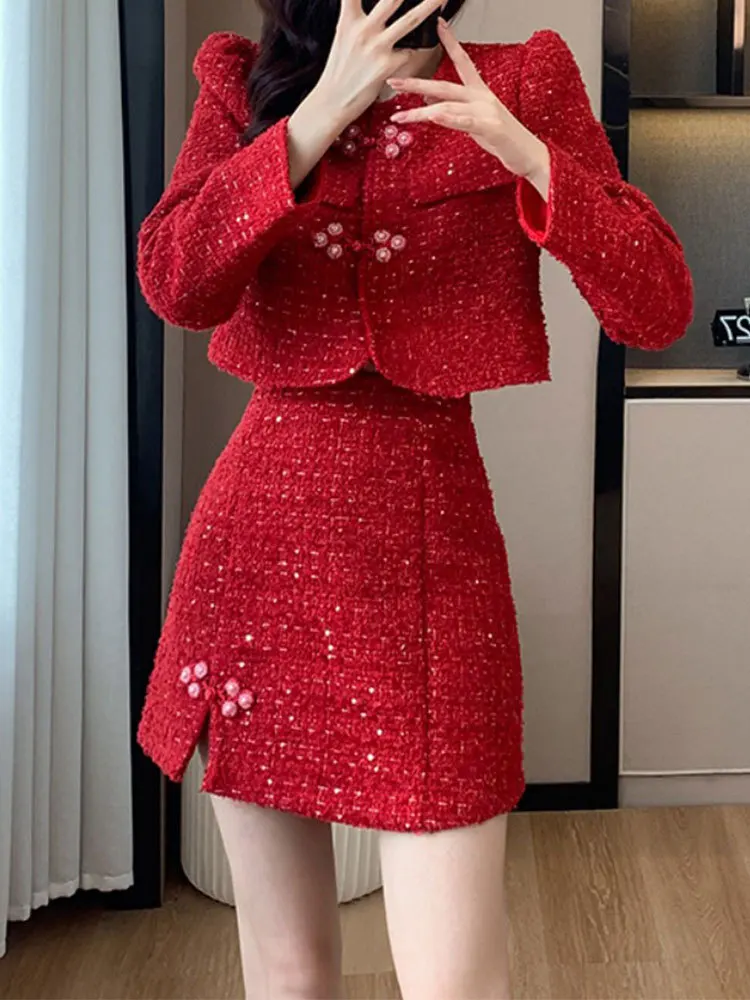 Moda cinese nodo bottone vestito rosso donna 2023 autunno inverno elegante girocollo a maniche lunghe cappotto corto + gonna divisa in due pezzi