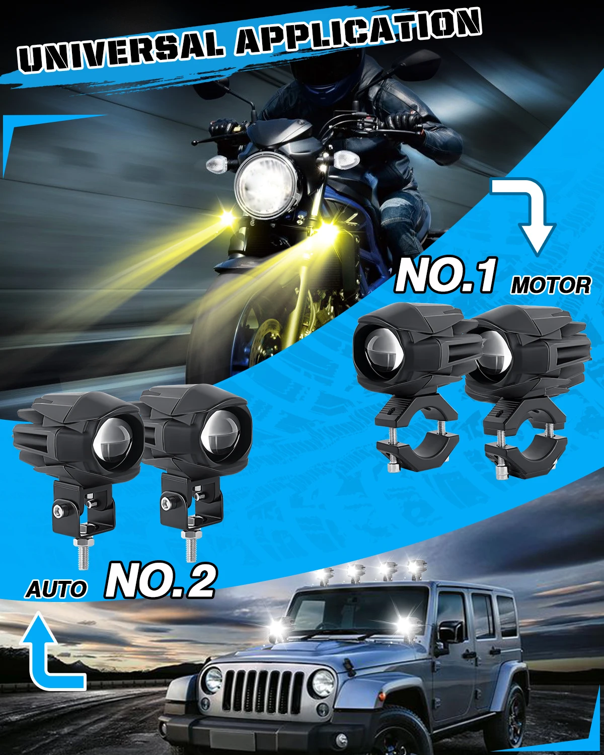 BraveWAY LED Motorcycle Headlight/Fog Lights for ATV UTV Offroad White+Yellow 3000K+6000K 2 Lamps + 2 Sets Brackets