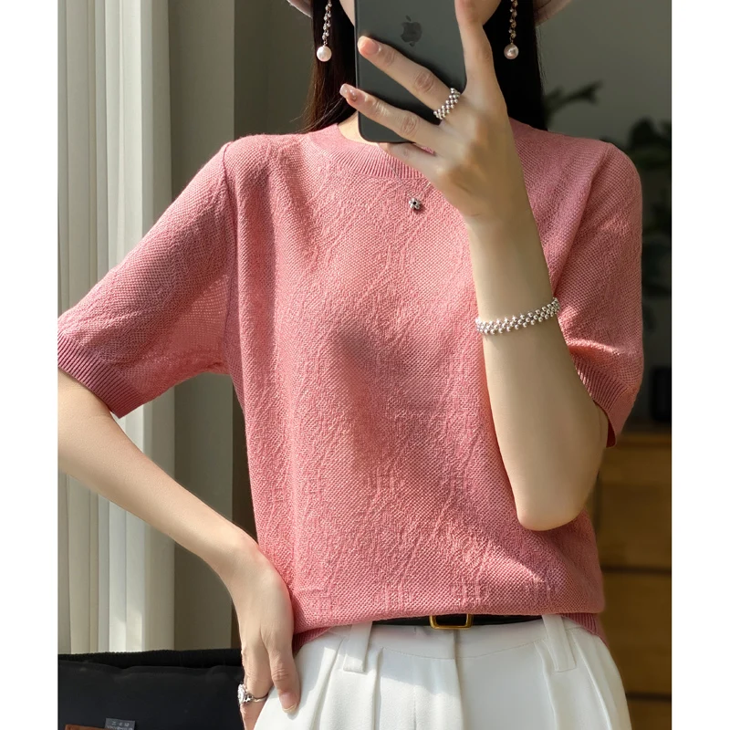 

Loose knit short sleeved T-shirt, women's 2024 summer loose round neck casual high-end fashion solid color top