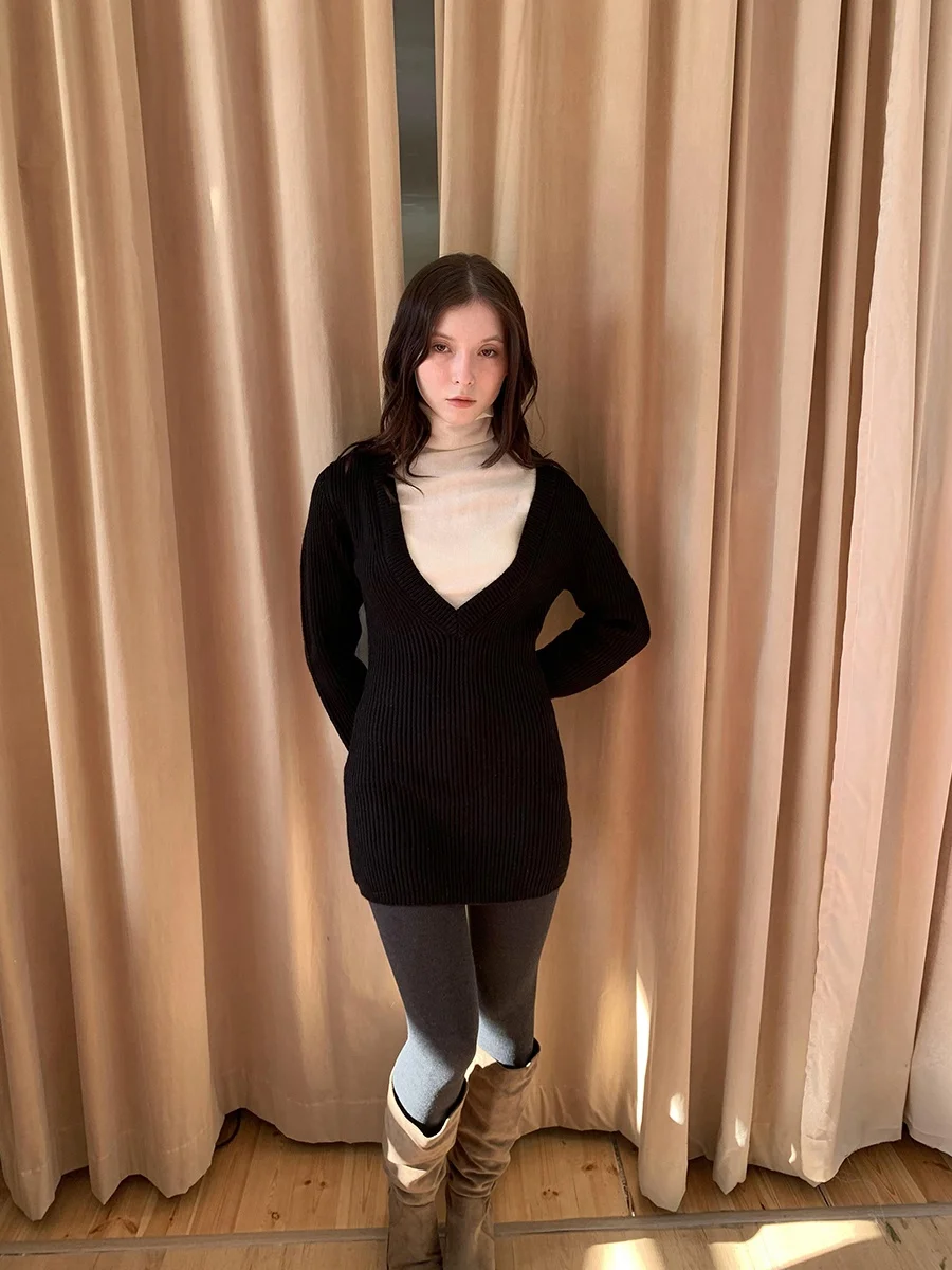 

DKZ Bla Large V-ne Knitted Dr Women's Autumn Winter Slim Fit Knitted Top Long Sve Mid-length Skirt T-irt Dr