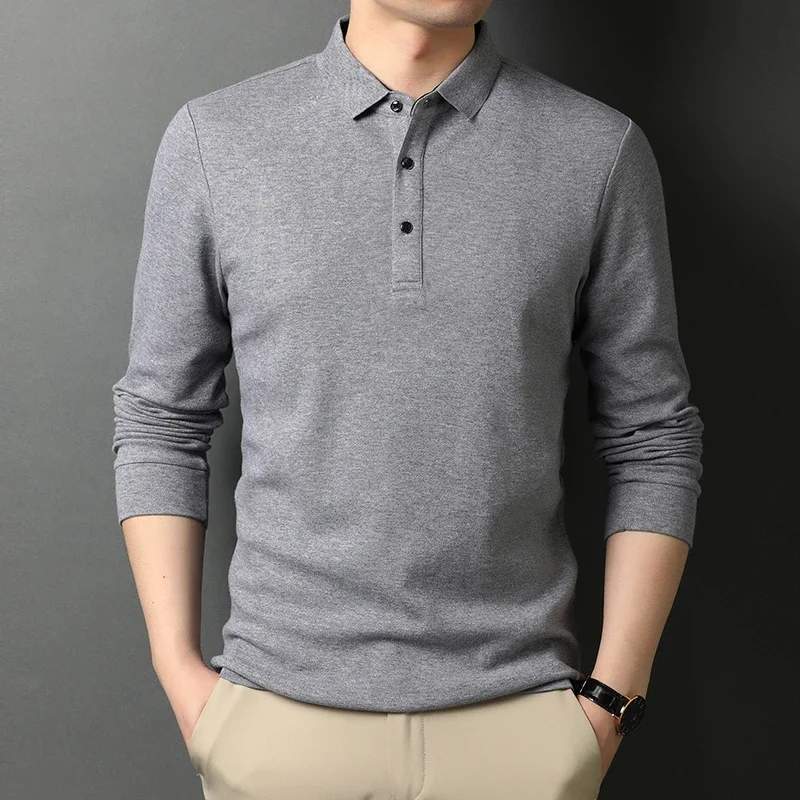 New Men\'s Casual  Long Sleeve Polo Shirt Fashion Solid Color Top