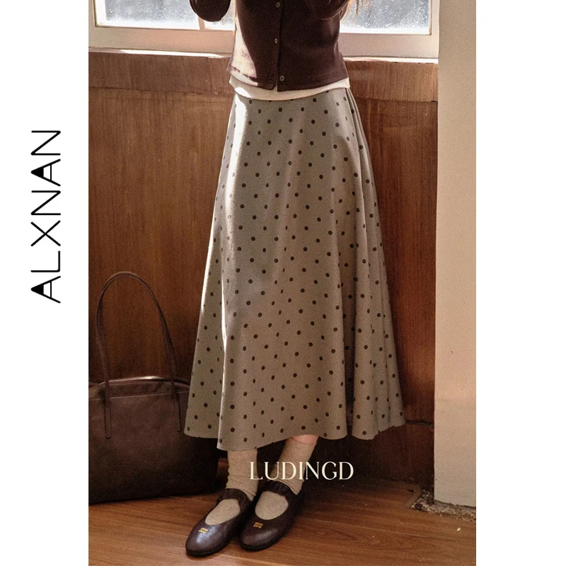 ALXNAN grande taille gris à pois jupe femmes longue a-ligne jupes élégantes coupe ample taille haute décontractée fête femme vêtements D12872