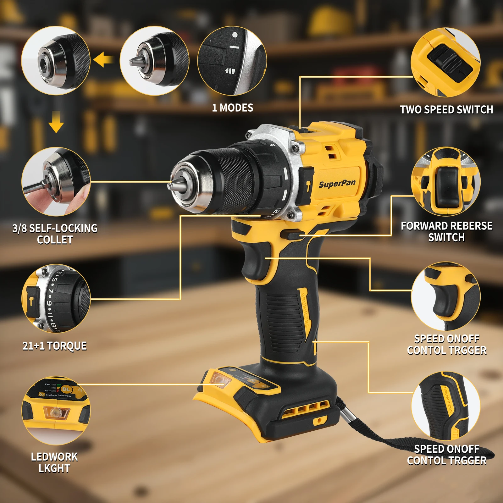 

Brushless Impact Drill Superpan 20V DCD805 , Cordless Hand Drill for 18V dewalt Battery pin, Industrial High Power Repair Tool