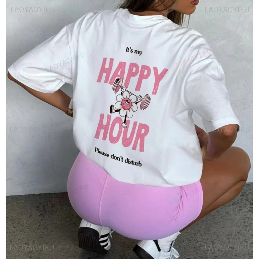 2026 Unisex Retro Cartoon Character T-shirt Back Print Smiley Flower Barbell Pattern Fun Text Short Sleeve Loose Summer Casual