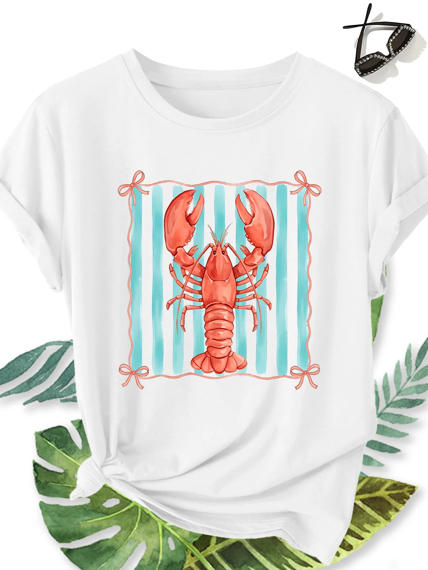 Watercolor Lobster Print Pattern Round Neck Women's Comfortable Breathable T-shirt Gift Fashionable Commuting Daily Casual Top