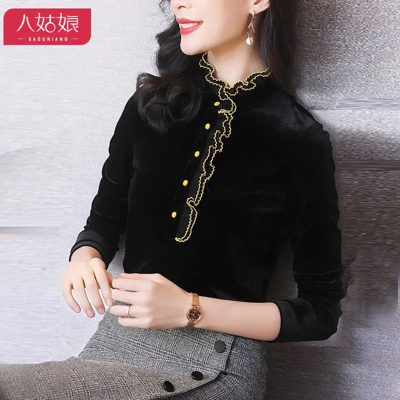 Gold Velvet Slimming Women\'s Long Sleeve Spring and Autumn New Fashionable Black Fungus Edge Inner Top with Velvet T-shirt Base