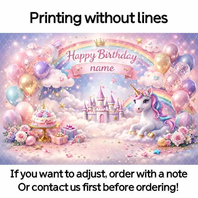 Edit Unicorn Personal Backdrop For Children Kids Cute Girl Pink Rainbow Balloons Photography Studio Birthday Banner Background