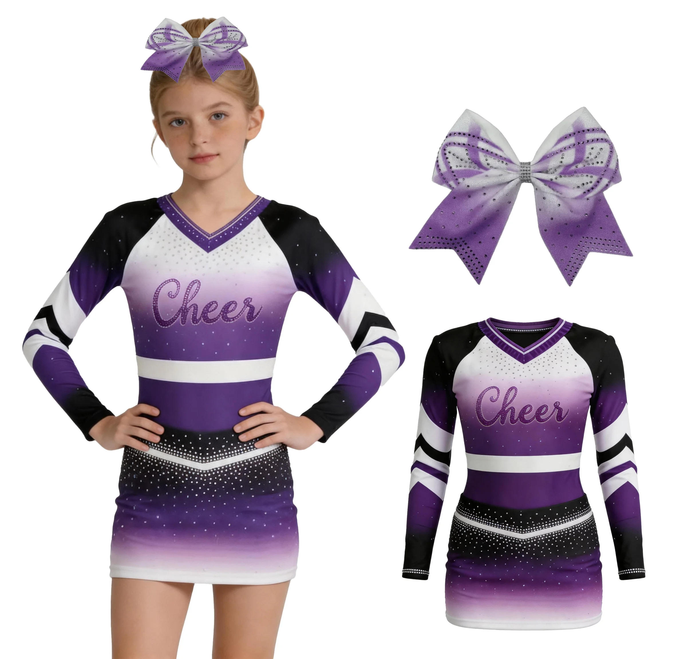 

Sparkly Purple Gradient Cheerleader Dress with Bow Girls Long Sleeve V Neck Cheer Outfit for Competition Performance Costume