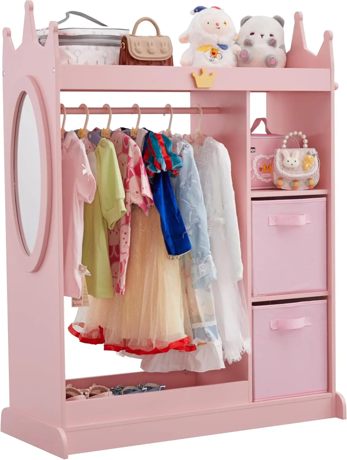 Mirror, 2 Storage Bins & Cloth Hanger, Kids Play Armoire Dresser Pretend Storage Closet for Bedroom, Kids Room, Playroom (Pink)