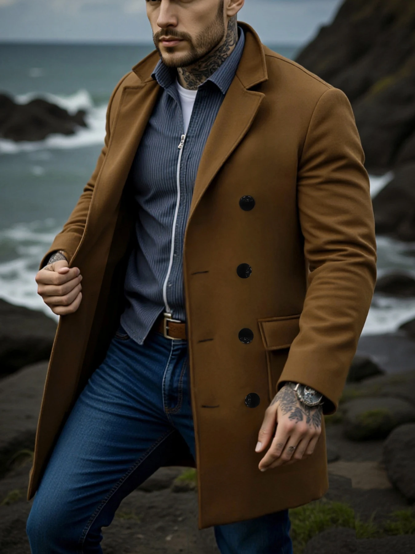 

Осенне-зимнее мужское шерстяное пальто, двубортное шерстяное пальто, утепленная теплая ветрозащитная куртка, шерстяное пальто