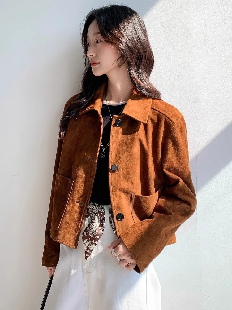 แจ็คเก็ตหนังแท้สไตล์วินเทจสำหรับผู้หญิง ฤดูใบไม้ร่วง ฤดูหนาว 2025 รุ่นใหม่ ระดับไฮเอนด์ เรียบง่าย สบายๆ ทำจากหนังแพะแท้