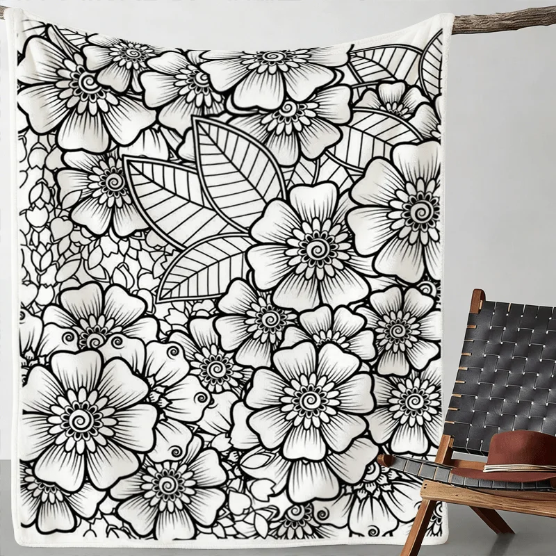 Healing Hand Drawn Floral DIY Coloring Throw Blanket, Adult Stress Relief Doodle Blanket, Warm Decor Blanket for Sofa Bedroom