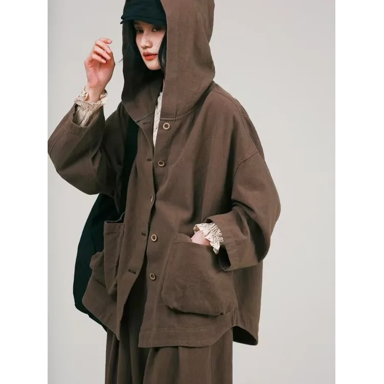 

Осенне-зимнее окрашенное льняное хлопковое пальто с капюшоном Jaet ort Sle Lazy Coat с футболкой Big Kets, размерный дизайн