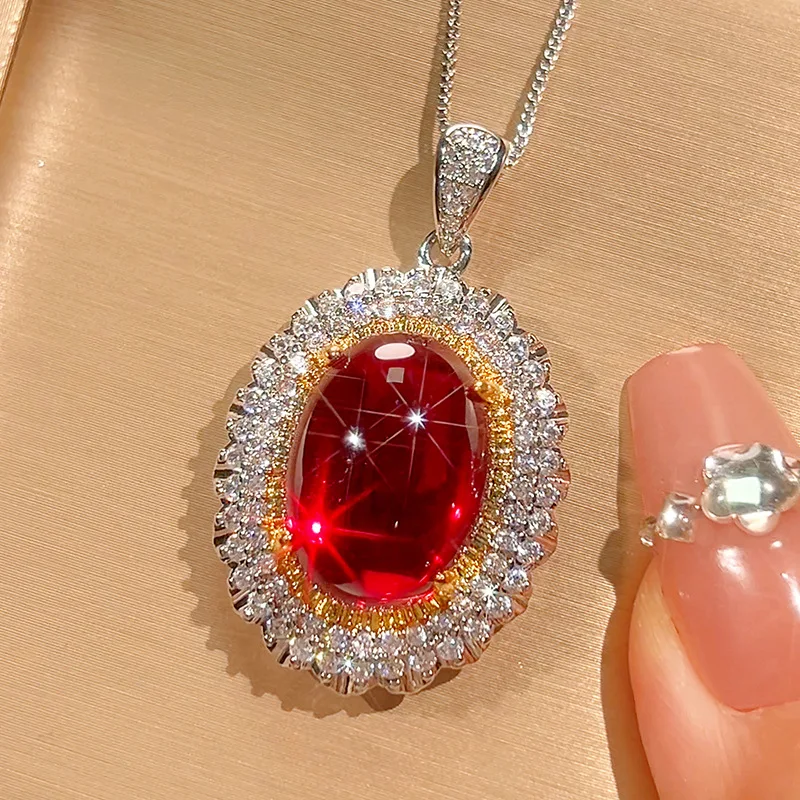 

Gorgeous Ruby Oval Gemstone Adjustable Ring Sparkling Pendant Necklace with Crystal Accents Women Luxury Party Wedding Jewelry