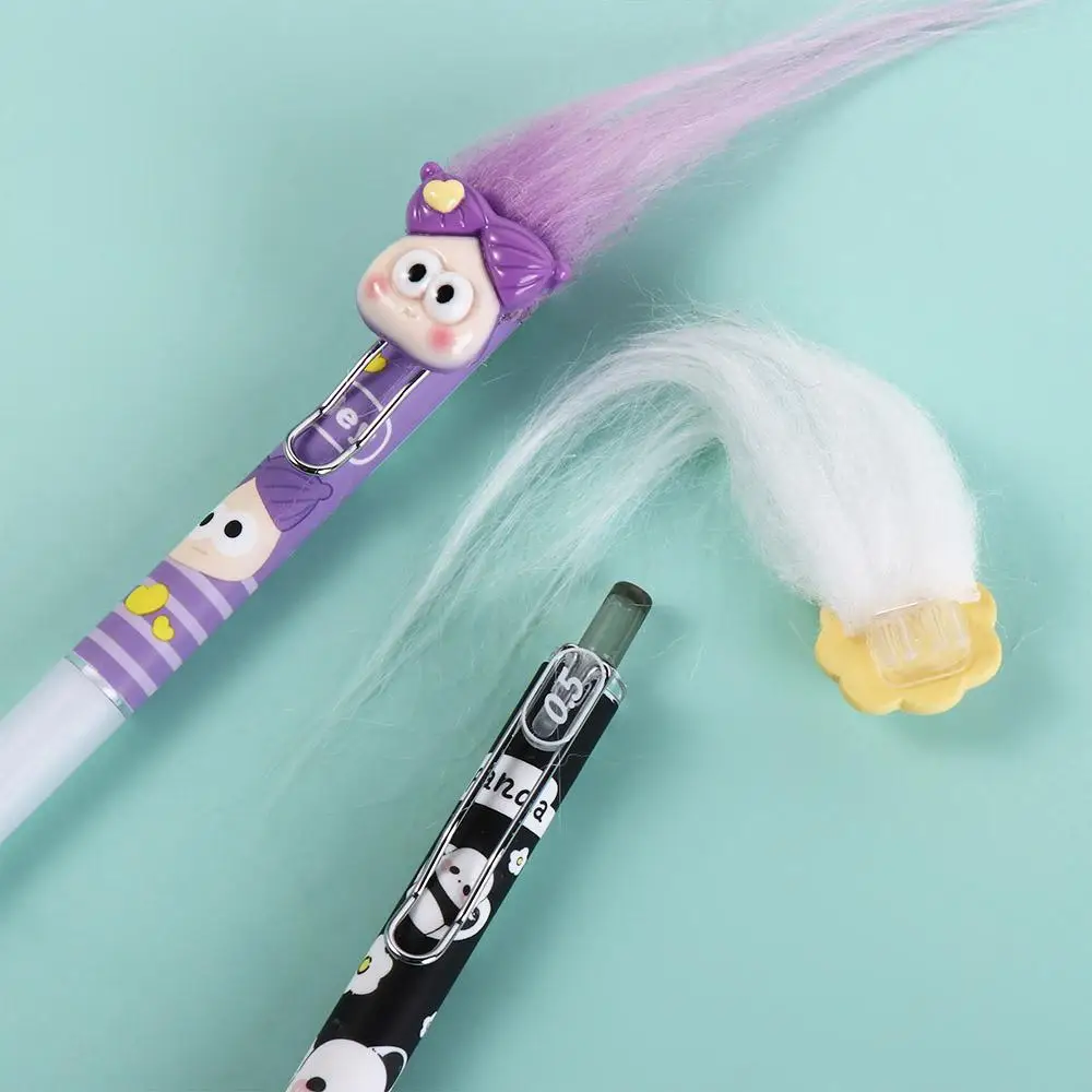 Bolígrafo de Gel neutro Kawaii para niñas, pluma de muñeca de pelo Afro de secado rápido, escritura suave, tinta negra, bolígrafos de tinta de Gel