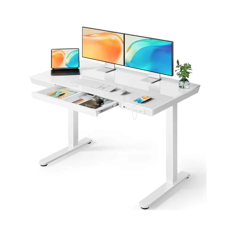 Glass Standing Desk with Drawer, 48 x 24 inch Glass Top Standing Desk with Preassembled Top & USB Charging Ports