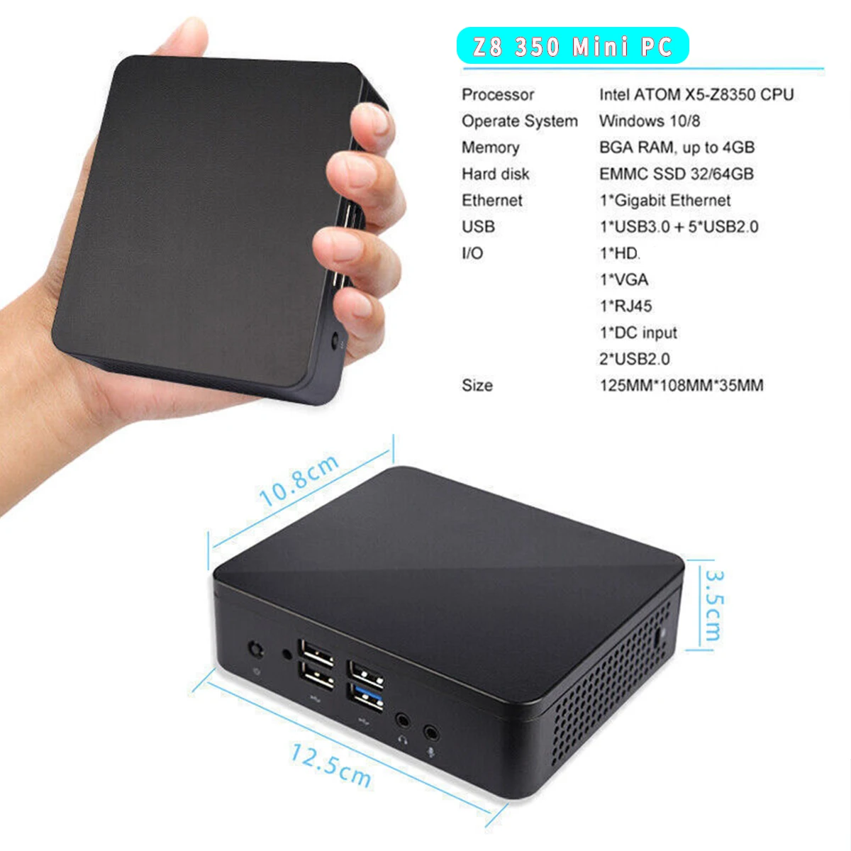 SZMZ MINI PC X5 Z8350 1.92GHz 4GB RAM 64GB SSD Wnidows 10 Linux Support 2.5 Inch HDD VGA&HD Dual Output WIN10 Desktop Computer