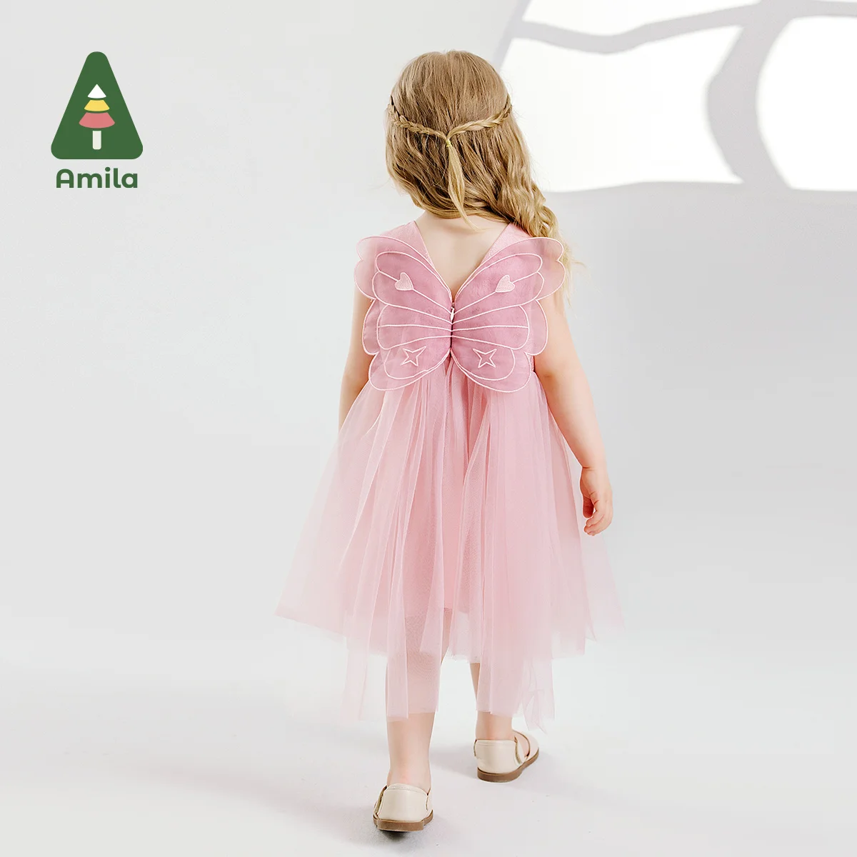 Amila 2024 Summer New Girls Dress tridimensionale Butterfly back impreziosito Sweet Mesh abito senza maniche 0-6Y